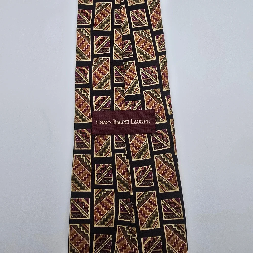 Chaps Ralph Lauren Mens Silk Tie Geometric Tribal Pattern Black Gold Burgundy